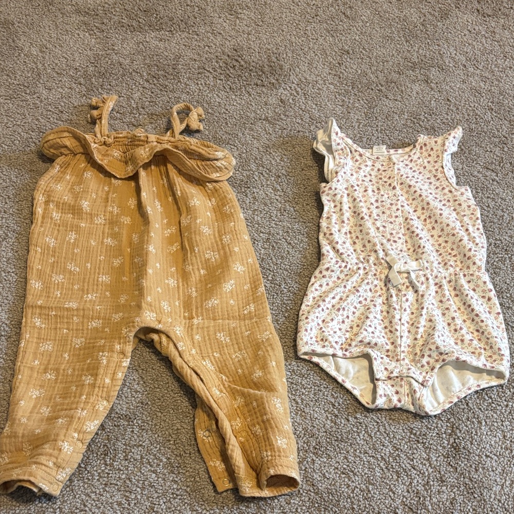 Colored Organics Tan Jumpsuit and Cream Floral Romper Set